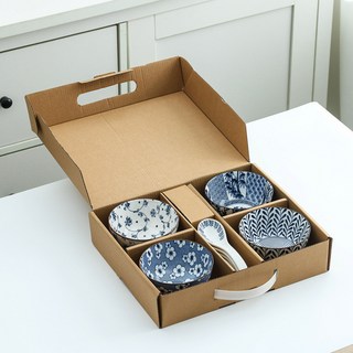 日式和風四碗四勺禮盒套裝餐具開業禮品碗吃飯碗家用青花瓷碗菜碗湯碗陶瓷碗拉麵碗泡麵碗便當碗吃飯碗餐具居家用品, 禮盒裝4碗4勺-(藍彩系列隨機混搭), 1個