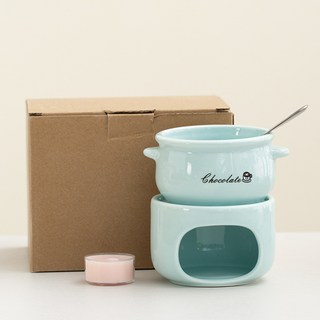 桃園出貨ing 陶瓷巧克力融化加熱爐 家用冰淇淋火鍋芝士奶酪火鍋蠟燭爐配鍋叉 FFDA, 1個, 天藍-配鍋叉，不含蠟燭
