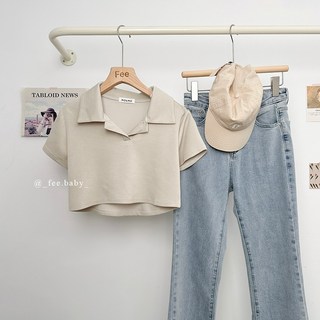 Fee太空棉短版翻領POLO上衣，多色可選，短袖T恤女，翻領設計，夏季時尚穿搭必備