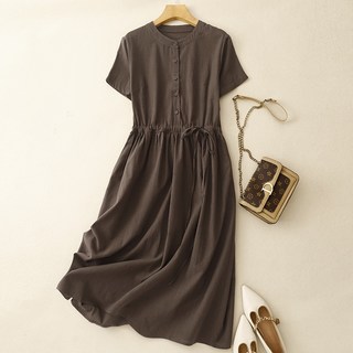 POMTOR 여성용 여름 초가을 허리 조임 롱 원피스 면린넨