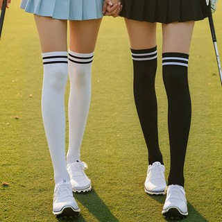 더간다 1+1 스포츠 여성니삭스 골프양말 중목 무릎 삭스 통기성 흡습성 사계절 오버니삭스 2개, 롱 블랙+화이트 1SET