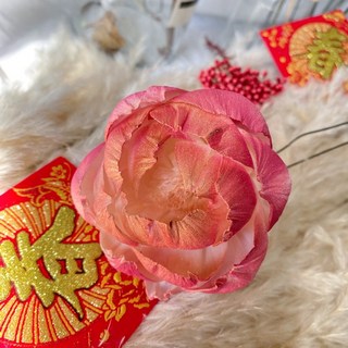 過年裝飾仿真花芍藥盆花，春節拜年牡丹花藝，春聯裝飾太陽玫瑰永生花擺件, 即日限定牡丹-（8公分）錦兔迎春, 1個