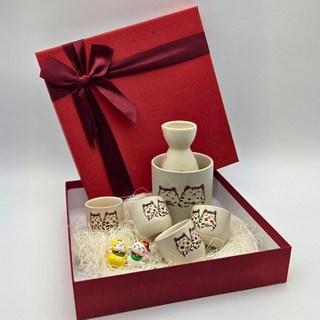 잔집사 사케잔 도쿠리 워머 플라워잔 쟁반 선물세트, 1세트, 복고양이(6P) (잔4+술병1+포트1+피규어1)