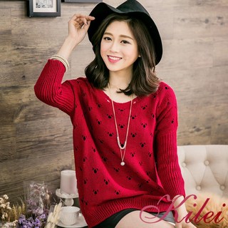 【Kilei】女裝 針織衫 純色長袖網洞束口袖上衣 亮眼紅色全尺碼
