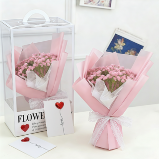 KEMEI 시들지 않는 드라이플라워 LED 안개꽃 생화 꽃다발 졸업식 선물, 분홍색