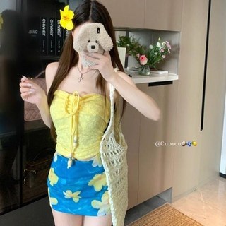 黃色綁帶掛脖抹胸背心包臀半身裙兩件套 - 夏季海邊多巴胺穿搭套裝