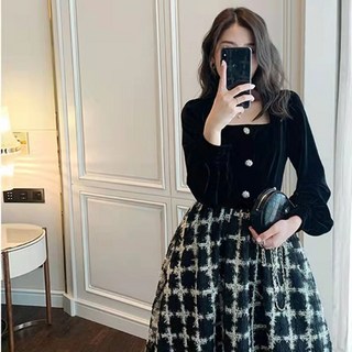 빅사이즈 벨벳원피스 페이크투피스 스퀘어넥 벌룬소매 벨벳블라우스 체크 니트 볼륨 플레어 스커트 출근 데이트 하객 모임