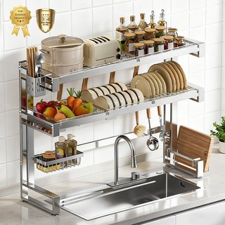 방일 SUS304 스텐 기둥식 싱크 선반 확장형 폭조절 가능 무타공 식기건조대, 1개, 넓이 87-107cm 올인원 모듈, 2단