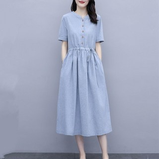 Asure 40대50대 여름 빈티지 반팔 린넨 원피스 루즈핏 면 마 미디 원피스