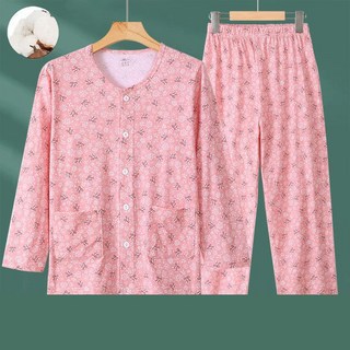 중년 여성 긴팔 실내복 세트 봄가을 엄마 순면 파자마 빅사이즈 가디건 바지 홈웨어 투피스 수면 잠옷 세트 SJS