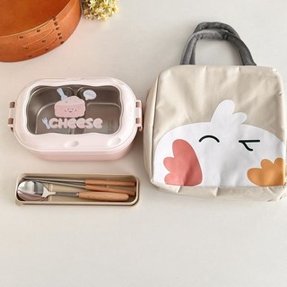 O 304不鏽鋼便當盒 保鮮盒 餐盒 午餐盒 學生 上班便當盒 兒童便當盒 高顏值飯盒 可微波爐飯盒 可加熱, 1個, 奶酪便當盒-粉色 木筷勺 袋子