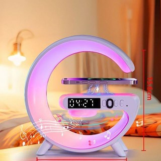無線充電藍牙音響 鬧鐘 氛圍燈 多功能臺燈 夜燈 音箱 禮物, 1個, 10W無線充+藍牙音響+8彩氛圍燈