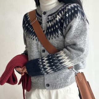 네모엔룩 스칸디아 여성용 북유럽 노르딕 패턴 배색단추 포인트 기본핏 캐주얼 라운드넥 도톰 니트 가디건