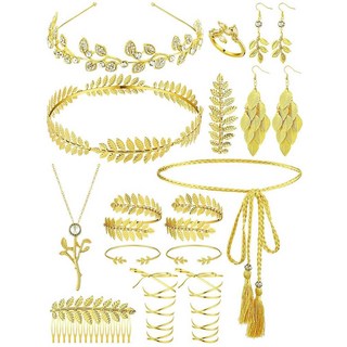 JenPen 그리스 여신 코스튬 액세서리 세트 골든 월계수 잎 왕관 팔뚝 커프스 코일 팔찌 헤어 헤드피스 인공 나뭇잎 드롭 귀걸이 목걸이 여성용 토가 허리 벨트 15