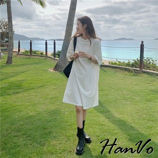 HanVo 極簡純素色休閒連衣裙 - 韓版百搭舒適簡約風 韓系修身洋裝