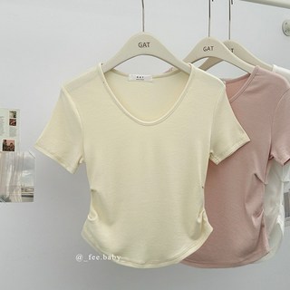 【Fee現貨13色】正韓側抓皺短上衣，螺紋棉圓領合身棉T，短版U領顯瘦韓國女裝