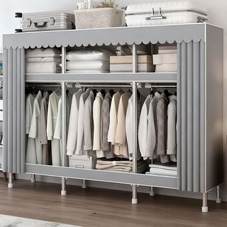 【台灣現貨3日内達】組裝衣櫃 26mm加粗管徑 簡易衣櫃 超强耐重衣櫃 合金接頭出租屋衣櫃落地衣櫥, 灰色, 120吋, 灰色