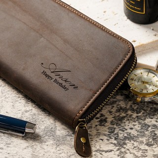 【BRAVOMART】瘋馬皮男士皮夾 復古頭層牛皮真皮手拿包 可刻字生日禮物, 黑色,不需要刻字