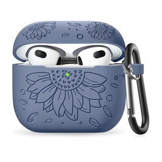 IMIVIO 에어팟[호환] 3대 케이스 커버 해바라기 각인 스킨 3대와 호환 귀여운 실리콘 전면 LED 표시 [호환], AirPods 3, 블루 그레이