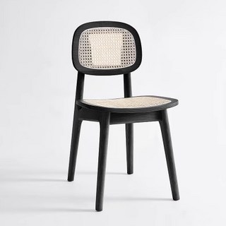 實木椅子北歐餐椅家用藤編復古中古設計師酒店靠背椅餐桌椅咖啡廳 餐椅 靠背椅 藤椅 實木椅, 1個, 黑色真藤, 黑色真藤