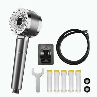 절수형 4단 온오프 수압상승 조절 필터샤워기 헤드, 샤워헤드 회색 + 5순수필터 + 샤워호스 1.5m 세트, 1개