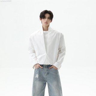 純色設計感深V立領長袖襯衫男寬鬆高級通勤痞帥上衣百搭休閒襯衣