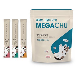 메가츄 짜먹는 고양이간식 90스틱 대용량, 연어+치킨+참치, 15g, 90개