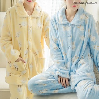 이너퀸 프리수 여성용 토끼 셔츠형 단추 버튼형 수면 극세사 밍크 털 겨울 수면바지 상하의 잠옷 홈웨어 이지웨어 세트 버튼래빗세트