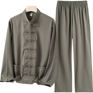 唐裝男中老年人爸爸裝春夏裝冰絲男士爺爺中國風長袖兩件套裝漢服