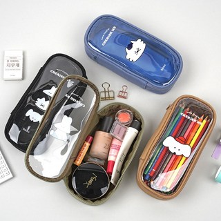 보바 PVC 투명 색연필 필통 패브릭 싸인펜 펜파우치 화장품 파우치 여행용 학교 신학기 준비물, 베이지