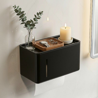 라운드데이 무타공 넓은선반 카본스틸 휴지걸이, 블랙, 1개