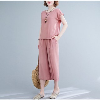 POMTOR 중년여성 여름 얇은 통기성 양호 홈웨어 시원하고 편안한 인조 면 잠옷 반팔티 일자 바지 투피스 엄마옷 여자셋업