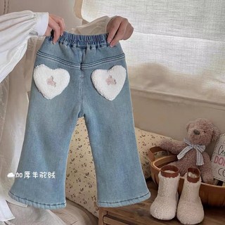 女童加絨加厚牛仔褲子兒童一體羊羔絨牛仔長褲冬季新款寶寶喇叭褲