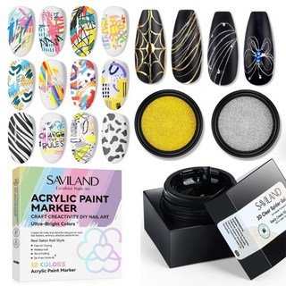 사빌랜드 네일 아트 키트: 12색 빠른 건조 폴리시 펜으로 디자인 5g 투명 3D 스파이더 젤 폴리시와 메탈릭 실버 골드 크롬 파우더 포함 손쉬운 홈 매니큐어 DY, 사빌랜드 네일 아트 키트: 12색 빠른 건조 폴리시 펜