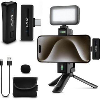 Movo VSK1 무선 블로깅 키트 for iPhone 15 마이크 LED 라이트 핸드 그립 미니 삼각대가 포함된 완전한 유튜브 스타터 컨텐츠 제작자를 위한