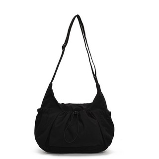 韓版時尚尼龍抽繩肩背包 2025新款大容量學生斜背包 輕便通勤背包女, 黑色