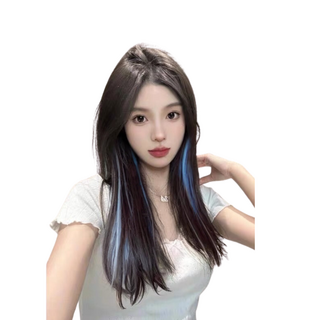 隱形一片式接髮片 仿真長髮 微捲款 棕黑挑染霧霾藍 45CM 無痕輕薄透氣, 1個, 14.微捲款 棕黑挑染霧霾藍45CM一片