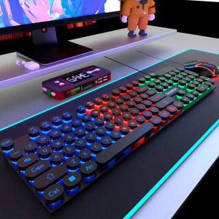 72H髮貨 電競機械手感鍵盤 藍牙臺式機筆記本電腦通用 發光鍵鼠, 黑色字符-黑彩光朋克+黑色發光鼠標