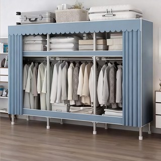 台灣現貨3日内達 組裝衣櫃 26mm加粗管徑 簡易衣櫃 超强耐重衣櫃 合金接頭落地衣櫥, 藍羽毛70cm+含布套+全合金接頭+耐重