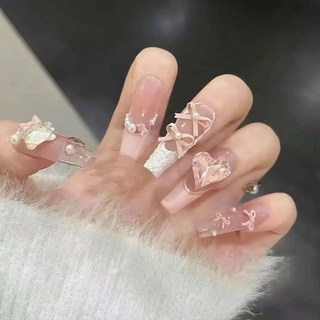 芭蕾公主 純手工芭蕾小熊水晶鑽穿戴甲高級奶油法式蝴蝶結美甲片, 1個, 芭蕾公主-長梯【袋裝】,L