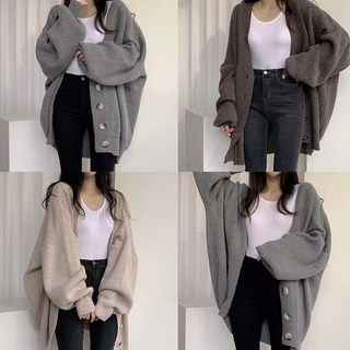 大尺碼毛衣外套 中長款學院慵懶風V領單排扣寬鬆燈籠袖針織開衫毛衣女 (S-3XL)