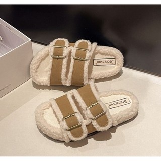 Breezeesun 雙條厚底毛毛拖鞋 保暖舒適 居家外穿, 深卡其,38/39