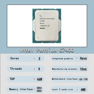 인텔 펜티엄 듀얼 코어 CPU 프로세서 쿨러 없음 G7400 3.7 GHz 4 스레드 10NM L3 = 6M LGA 신제품, 한개옵션0, 1개