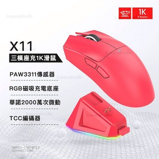 3cwangkindle X11 三模無線充電滑鼠 PAW3311感應器 RGB磁吸底座 華諾2000萬次微動 TCC編碼器 1K接收器, 紅色