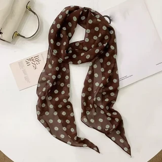 2025 새로운 기능 스타일 브라운 쉬폰 폴카 도트 긴 실크 스카프 다기능 액세서리 목 여성 머리띠 넥타이