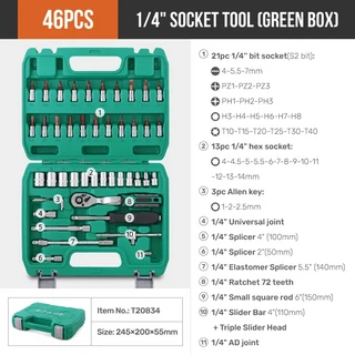 복스알세트 복스알 롱복스 Apollo 22피스 1/43/8 드라이브 소켓 렌치 세트 래칫 육각 자동차/가정용 DIY용 케이스 가방이 포함 자동 수리 도구 키트, 02 46pcs