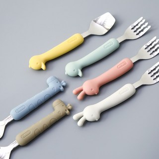 에디슨 베이비 자기주도 어린이집 준비물 실리콘 스푼포크 케이스 세트, ES1693 오리 - 민트, 1세트