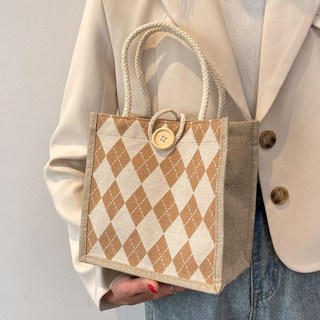 麻佈袋 手提包 便當袋 今年流行亞麻手提袋包2024ins飯盒便當包便攜式日系上班帆布包女, 卡其色紐扣款, 1個