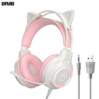DFMEI G35貓耳電競耳機學生電腦專用3D環繞耳麥頭戴式有線遊戲耳機, SY-G35【貓耳粉色】PS5發光耳機(配贈一分二線), 如圖