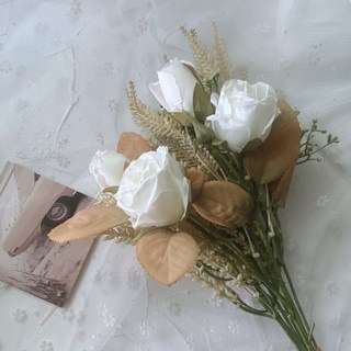 森林海 玫瑰花束 仿真花 假花 居家裝飾 油畫風玫瑰 芒草 小麥 畢業花束 新娘捧花, 白色玫瑰花束, 1個